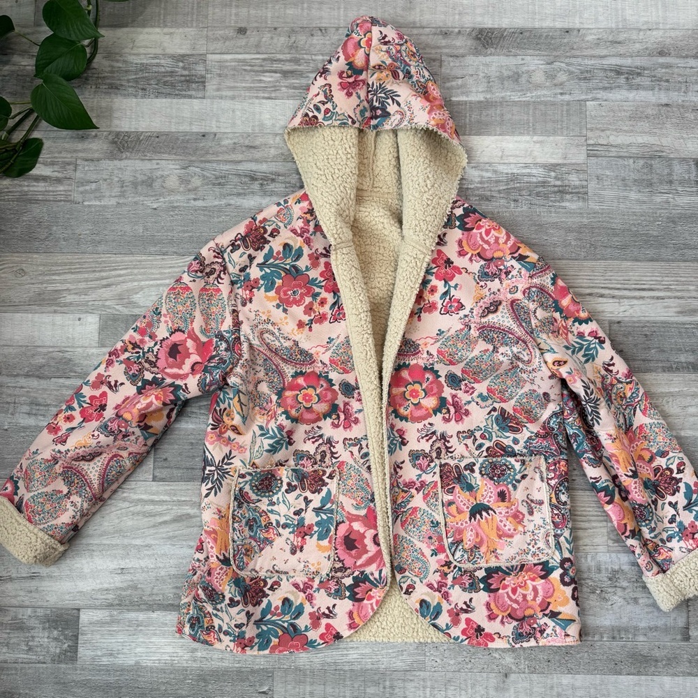 Boho floral sherpa lined open front hoodie jacket pockets women’s large